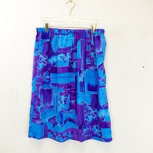VINTAGE ALISA M Purple Blue Midi Skirt 1X XL Flowy Geometric A-line Made in‎ USA